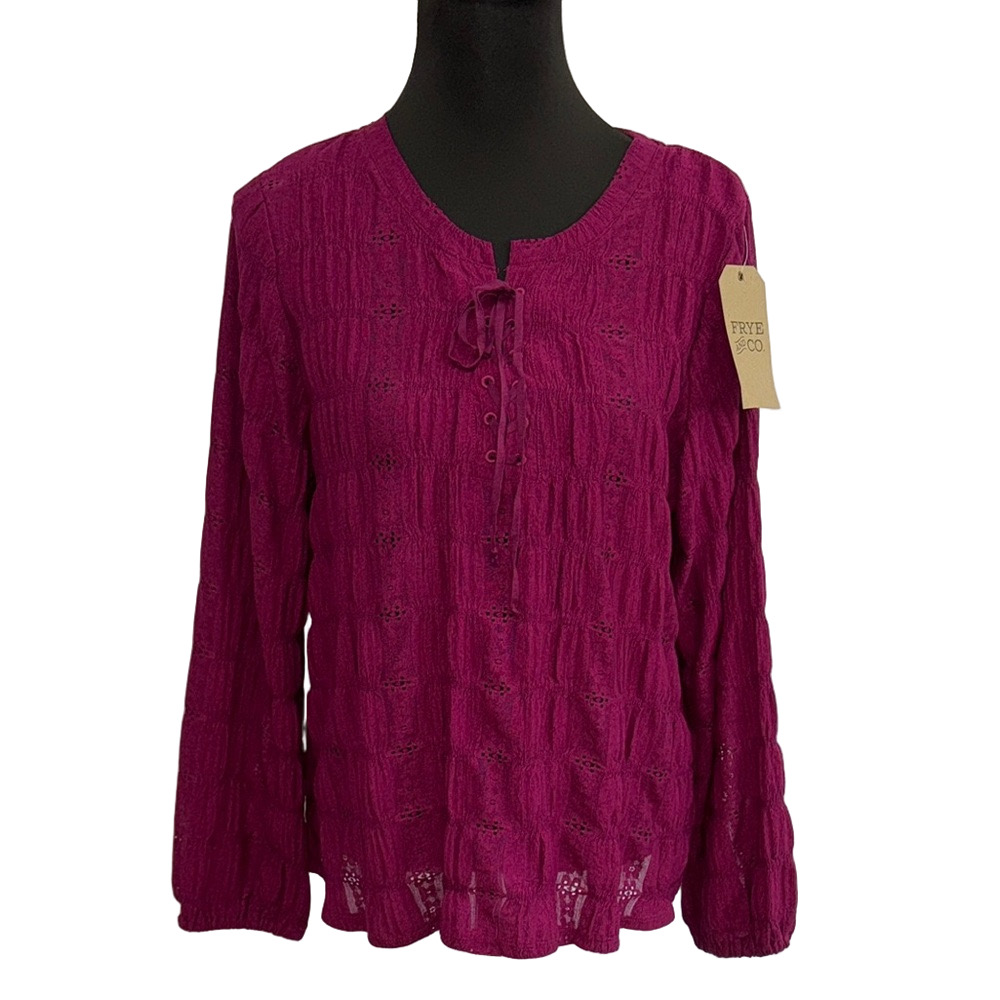 FRYE & CO. Magenta Purple Peasant Blouse Lace-Up Tie Neck Long Sleeve Top